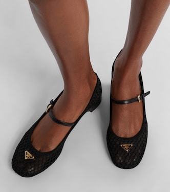 Leather-trimmed mesh Mary Jane pumps in black - Prada | Mytheresa