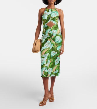 farm rio garden tiles cutout midi dress Cutout floral linen midi dress in green - Farm Rio