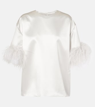 Feather-trimmed silk satin top | Valentino