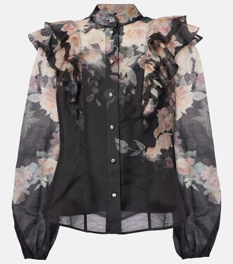 Crush Frill Sleeve linen and silk blouse | Zimmermann