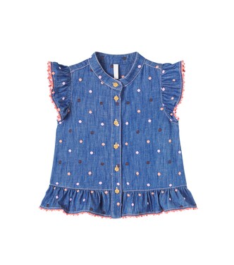 Embroidered polka-dot ruffled denim top | Zimmermann Kids