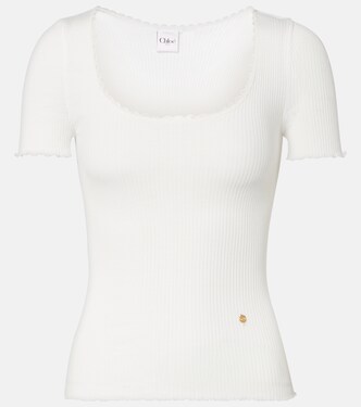 Lace-trimmed ribbed-knit cotton T-shirt | Chloé