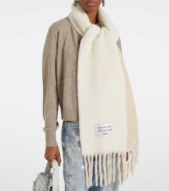 Logo fringed alpaca and wool-blend scarf in beige - Acne Studios
