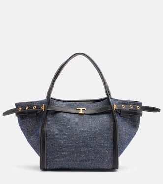 Tim Small leather-trimmed denim tote bag | Tod's