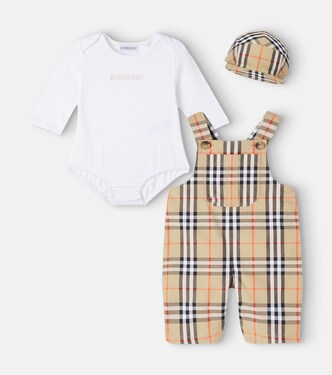 Baby cotton baseball cap, bodysuit, and overalls set | Burberry Kids