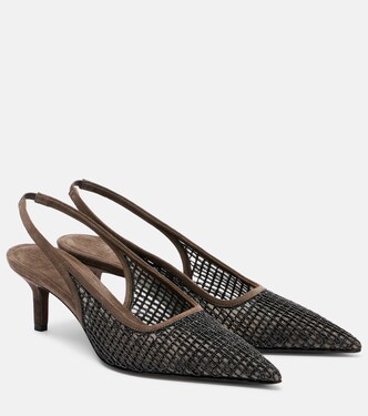 Monili 55 suede-trimmed slingback pumps | Brunello Cucinelli