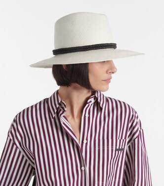 Monili leather-trimmed straw fedora in white - Brunello  display picture 1
