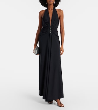 christopher esber embellished jersey maxi dress Women's Crystal Pendant Ruched Lycra Halter - Black christmasdresses