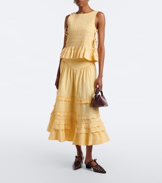 Ruffled shirred tiered cotton-blend midi skirt in yellow - Ganni