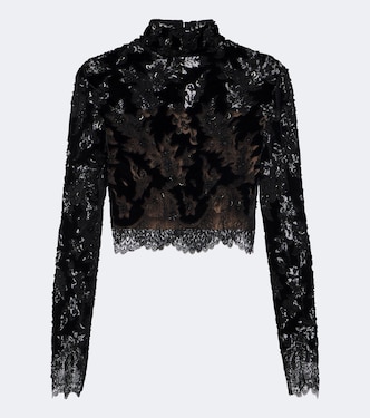 Isaline embellished velvet and lace crop top | Costarellos