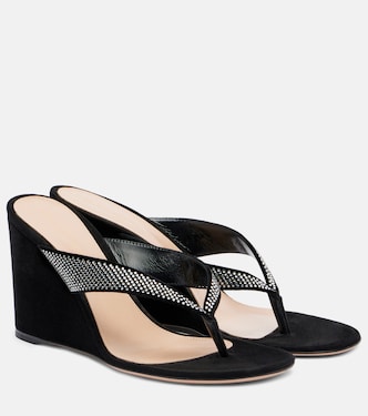 Crystal-embellished suede wedge thong sandals | Gianvito Rossi