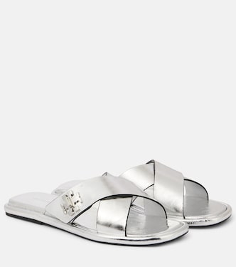 T Lock metallic leather slides | Tory Burch