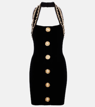 Faux pearl-embellished velvet minidress | Balmain