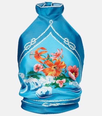 Printed halterneck silk twill crop top | Gucci