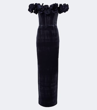 Rosette floral-appliqué velvet gown | Rebecca Vallance