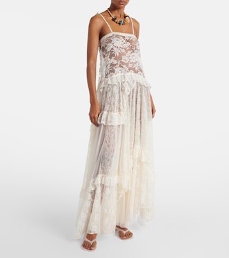 Ruffled sheer lace maxi dress in white - Chloe | Mytheresa