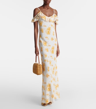 rodarte floral ruffled silk maxi dress Floral ruffled silk moiré slip dress in yellow - Rodarte