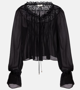 Gathered lace-trimmed silk georgette blouse | Chloé