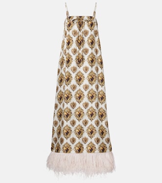 Feather-trimmed printed silk maxi dress | Dolce&Gabbana