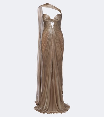 Morgan scarf-detail pleated silk bustier gown | Maria Lucia Hohan