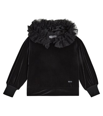 Tulle-trimmed velvet hoodie | Monnalisa
