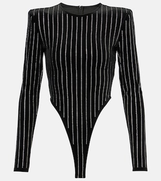 Crystal-embellished pinstripe velvet bodysuit | Alex Perry