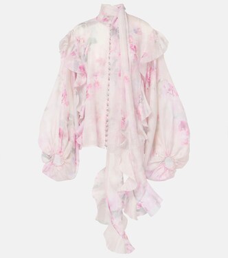 Crush floral ruffled tie-neck blouse  | Zimmermann