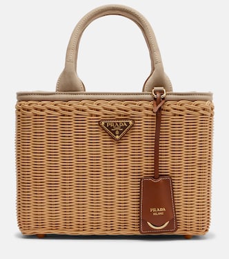 Medium wicker and canvas tote bag | Prada