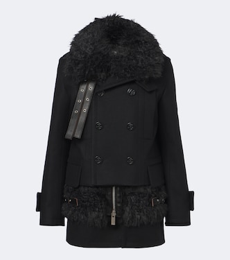 Layered leather-trimmed wool coat | Sacai