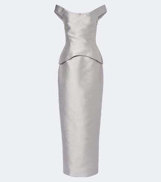 Pieta off-shoulder peplum satin gown | Solace London