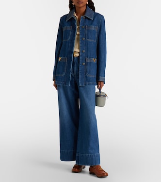 Leather-trimmed wide-leg jeans in blue - Valentino | Mytheresa