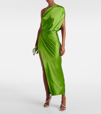 green silk one shoulder dress Green One Shoulder Split Prom Dress MCB0931