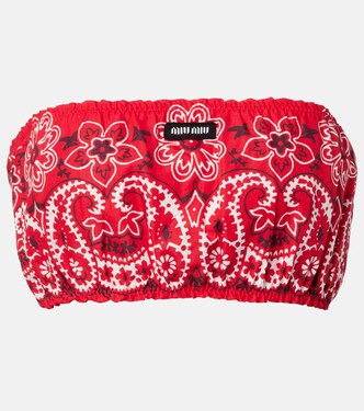 Printed cotton and linen poplin bandeau top | Miu Miu