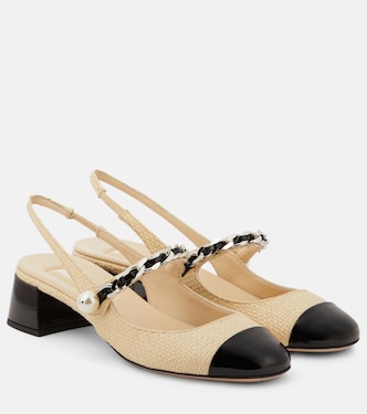 Leather-trimmed raffia slingback pumps | Miu Miu