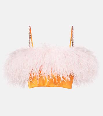 Cropped-Top aus Satin mit Federn | Self-Portrait