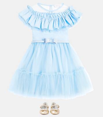 Ruffled bow-detail tulle dress | Monnalisa