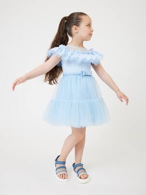 Ruffled bow-detail tulle dress | Monnalisa