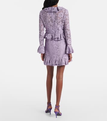 فستان قصير من الدانتيل بنقشة الورود مع كشكشة | Valentino