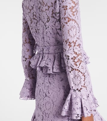 فستان قصير من الدانتيل بنقشة الورود مع كشكشة | Valentino