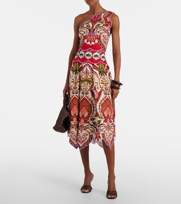 Odara Red scalloped linen-blend midi skirt | Farm Rio