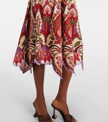 Odara Red scalloped linen-blend midi skirt | Farm Rio