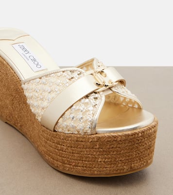 Leda raffia-trimmed leather wedge espadrilles | Jimmy Choo