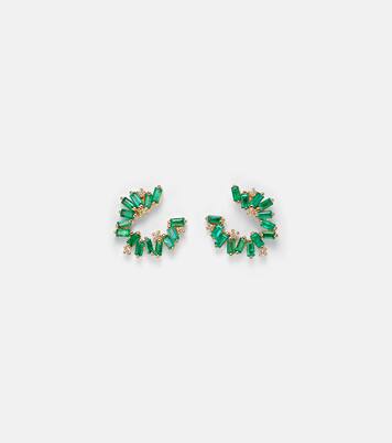 Izzy Sideway Spiral 18kt gold earrings with emeralds and diamonds | Suzanne Kalan
