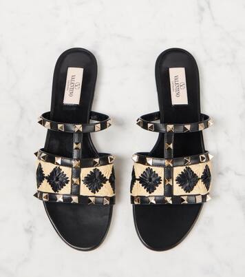 Rockstud raffia-trimmed leather sandals | Valentino Garavani