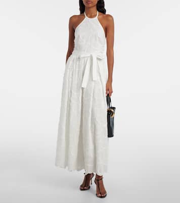 Embroidered belted cotton-blend midi dress | Elie Saab