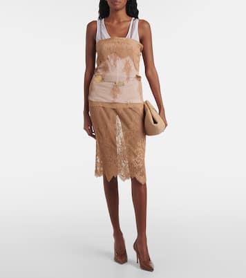 Layered leather-trimmed lace midi skirt | Jacques Wei