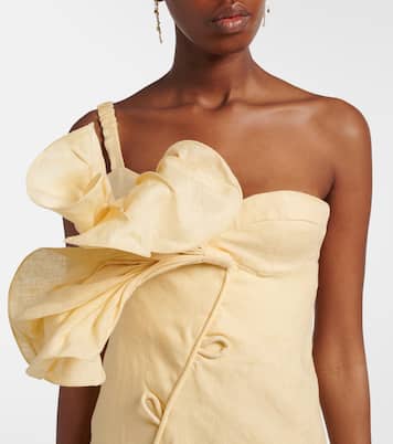 Foral-appliqué one-shoulder linen midi dress | Farm Rio