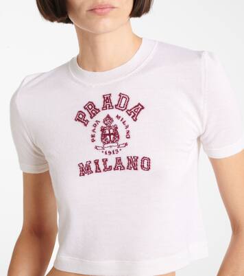 T-shirt cropped in cashmere con logo | Prada