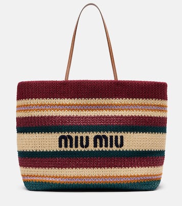 Striped woven raffia-effect tote bag | Miu Miu