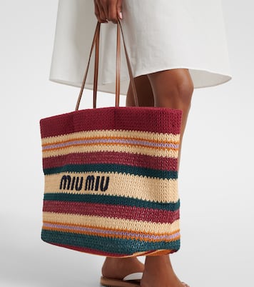 Striped woven raffia-effect tote bag | Miu Miu